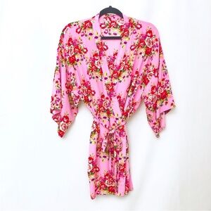Small/Medium Pink Floral Red Green Kimono Gold F Emblem Bridal Wedding Bath Robe